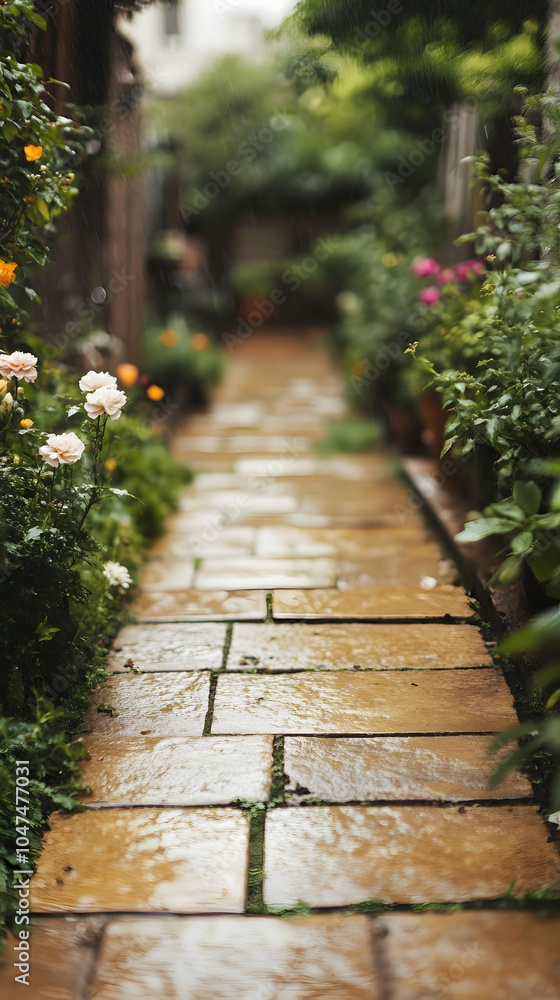 Stone path in a lush garden. Stone path in a lush garden.