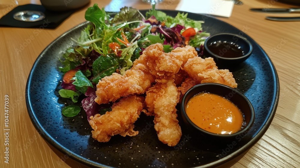 Crispy Chicken Strips with Fresh Salad and Sauces Crispy Chicken Strips with Fresh Salad and Sauces