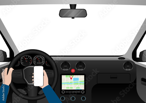 Man Using Mobile Phone While Driving a Car. Vector Illustration. 