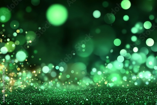 Abstract green glitter background with sparkling bokeh lights