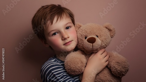 Young boy holds his teddy bear close, looking thoughtful.