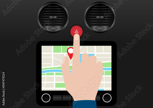 Hand Pressing Emergency Light Button in Car. Car Hazard Light Button. Vector Illustration. 