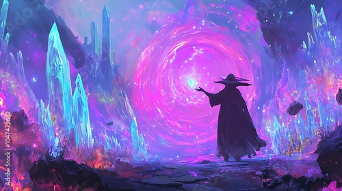mystical mage summoning a pixelated magical portal surrounded by crystal biomes and glowing colors