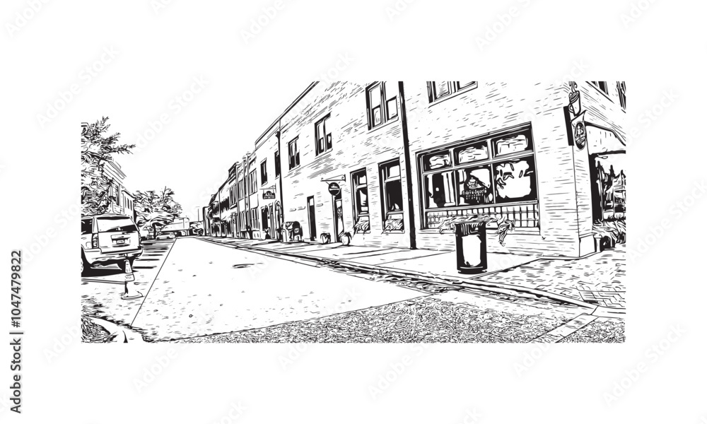 Print Building view with landmark of Sumter is the city in South Carolina. Hand drawn sketch illustration in vector.
