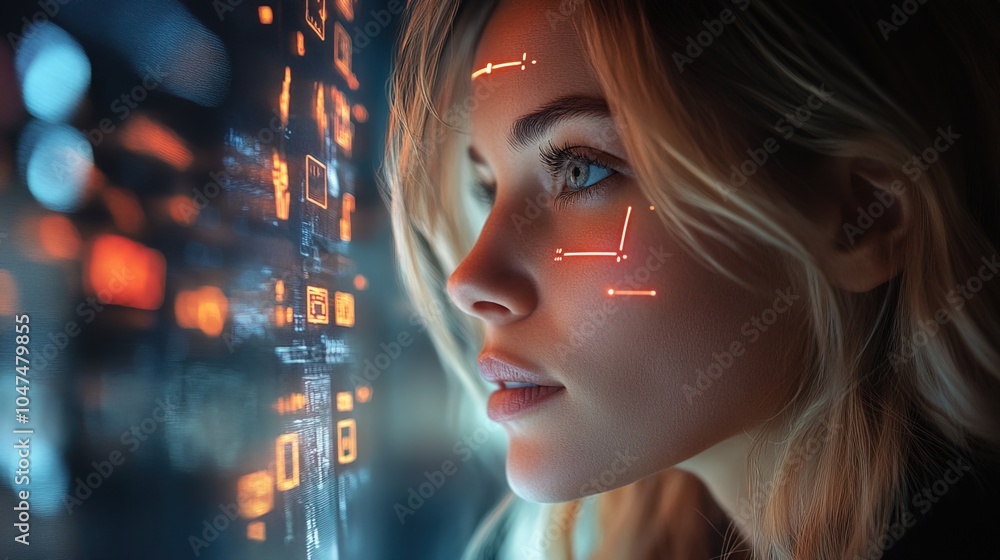Woman blonde face with digital overlay, representing AI and technology Woman blonde face with digital overlay, representing AI and technology