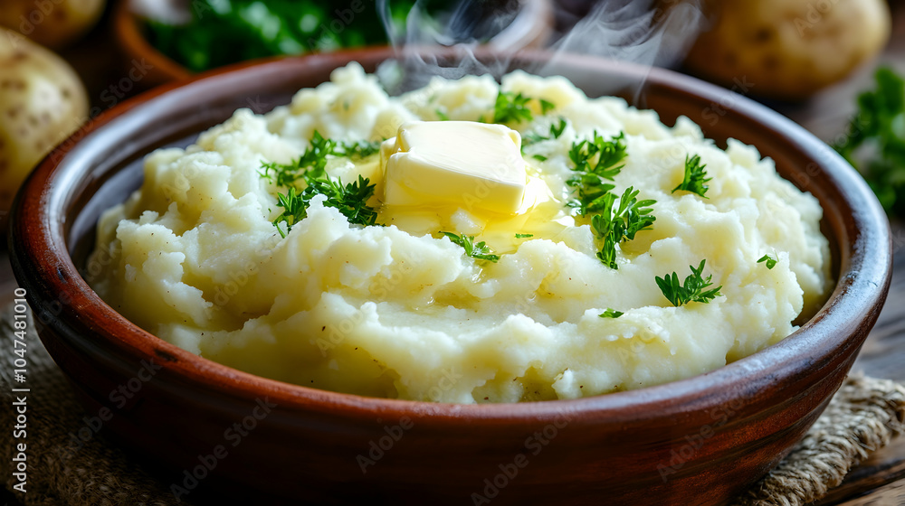 Bowl of steaming mashed potatoes topped with butter and parsley. Bowl of steaming mashed potatoes topped with butter and parsley.