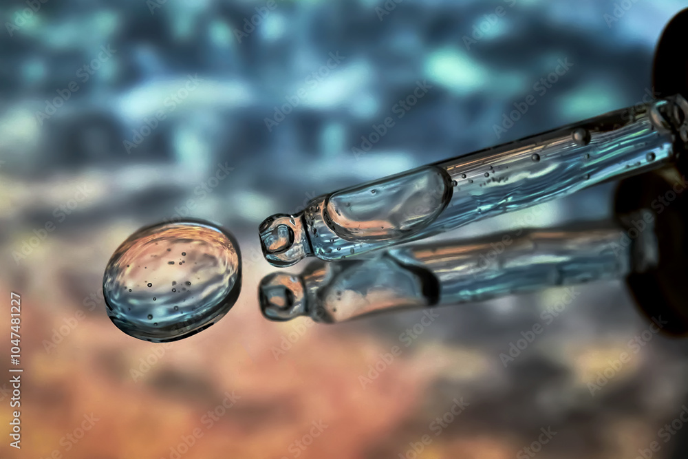 Pipette with facial serum against the background of the sea in blue tones. Pipette with facial serum against the background of the sea in blue tones.