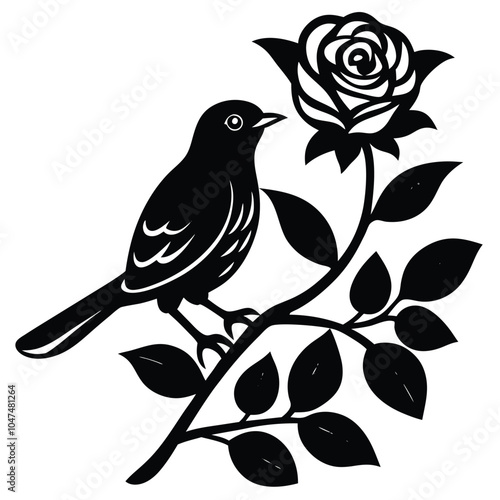 Nightingale Bird on Rose Tree Vector.