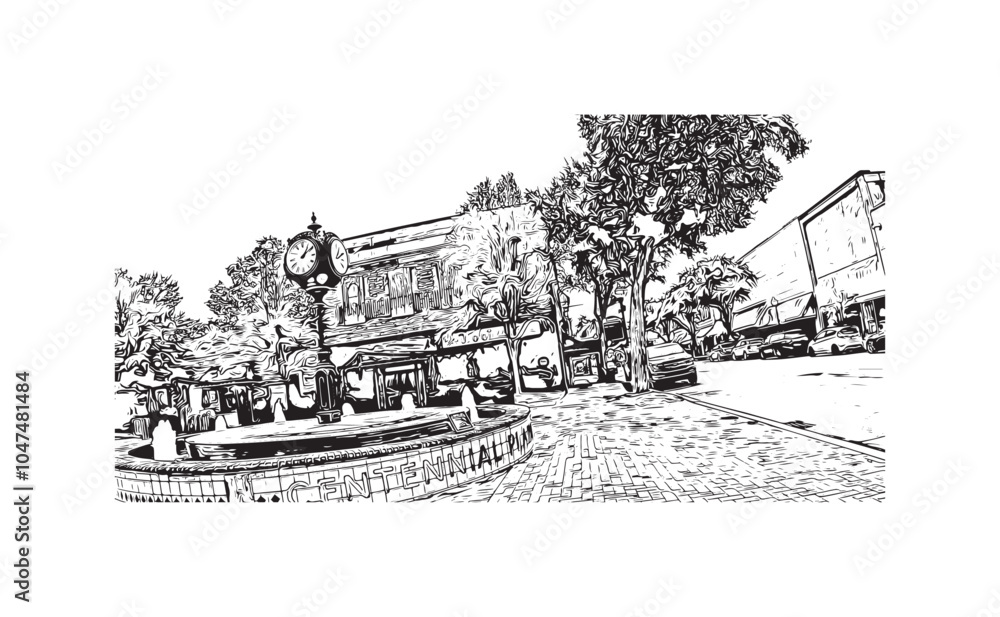 Print Building view with landmark of Sumter is the city in South Carolina. Hand drawn sketch illustration in vector.
