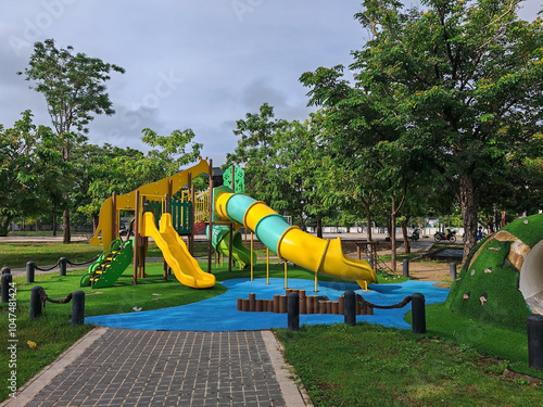 Kindergarten kid playgrounds in school park at sunny day