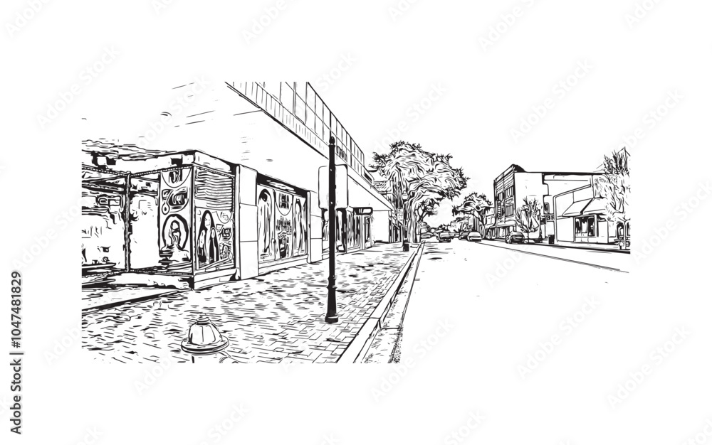 Print Building view with landmark of Sumter is the city in South Carolina. Hand drawn sketch illustration in vector.