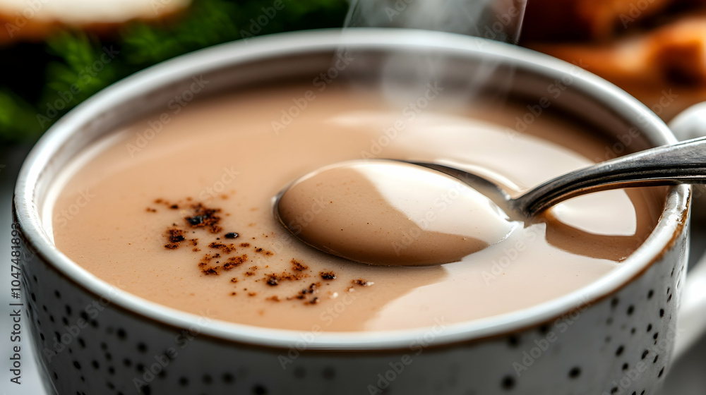 Closeup of a steaming cup of hot chocolate with a spoon. Closeup of a steaming cup of hot chocolate with a spoon.