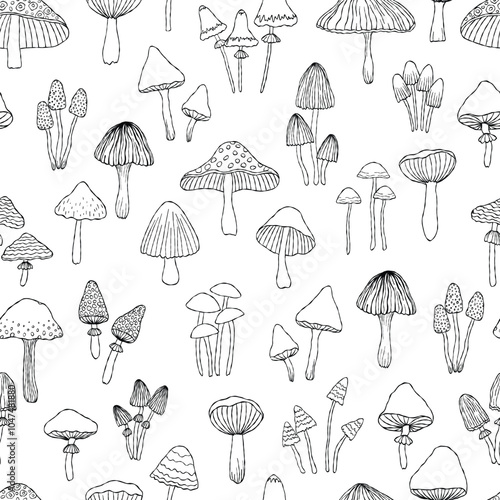 Line art mushrooms collection seamless pattern, black contour illustration, fantastic and magical various types of mushrooms