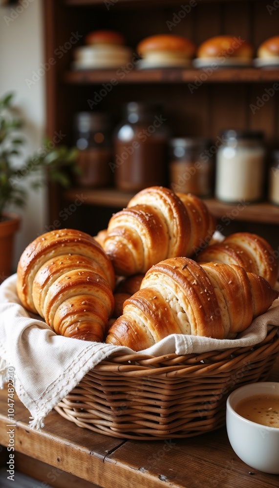 Freshly baked croissants placed in a woven basket on wooden table in cozy kitchen Freshly baked croissants placed in a woven basket on wooden table in cozy kitchen