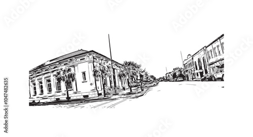 Print Building view with landmark of Sumter is the city in South Carolina. Hand drawn sketch illustration in vector.