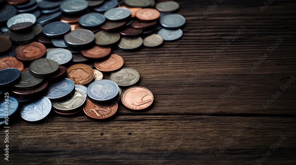 A collection of various coins scattered on a wooden surface showcasing different denominations A collection of various coins scattered on a wooden surface showcasing different denominations