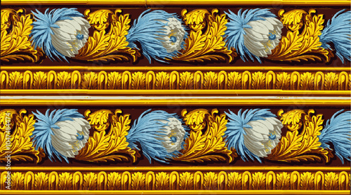  ornate floral design with gold trim and blue, white flowers. 