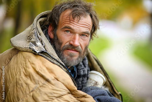 homeless man with a beard in an old jacket  photo