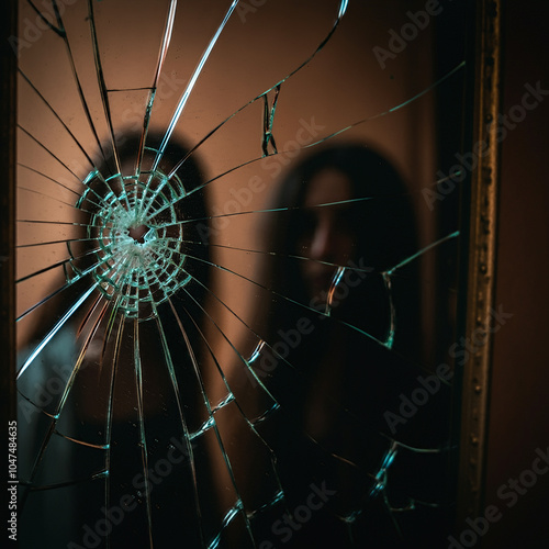 Halloween Day Reflections of Fragmented Reality Exploring the Intriguing Depths of a Shattered Mirror and Its Hidden Shadows photo