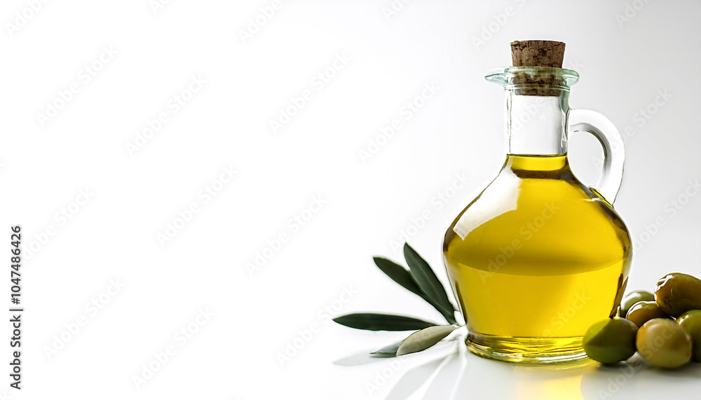 Olive oil in glass bottle on side position provides copy space for text. background concept isolated white Olive oil in glass bottle on side position provides copy space for text. background concept isolated white