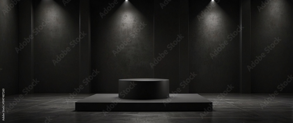 Black podium or pedestal display on dark background with long platform. Blank product shelf standing backdrop. 3D rendering, blurred background Black podium or pedestal display on dark background with long platform. Blank product shelf standing backdrop. 3D rendering, blurred background