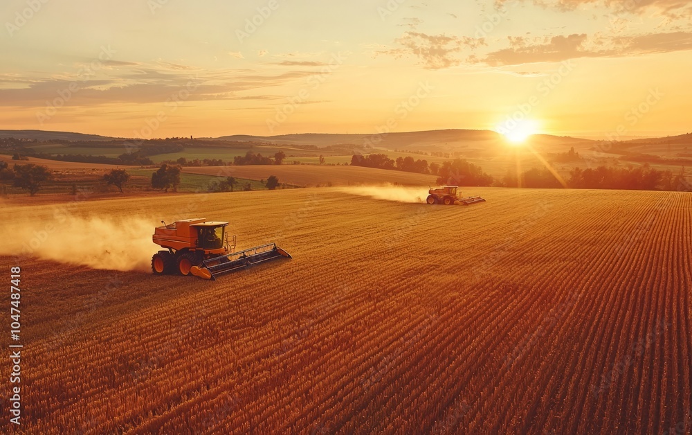 Large agricultural field with combine harvesters at work, aerial view, sunset Large agricultural field with combine harvesters at work, aerial view, sunset