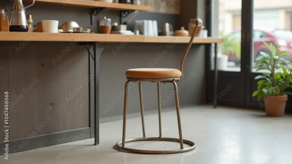 Chic Tubular Stool with Cork Seat in Minimalist Café Ambiance Chic Tubular Stool with Cork Seat in Minimalist Café Ambiance