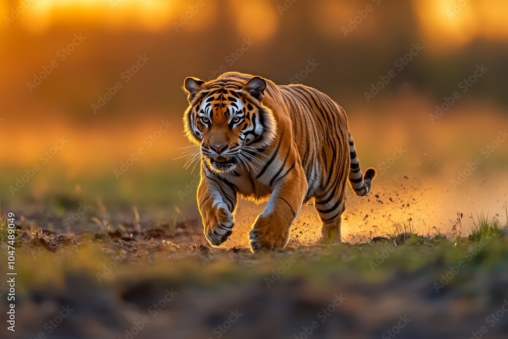 Fototapeta premium Bengal tiger running in sunset light