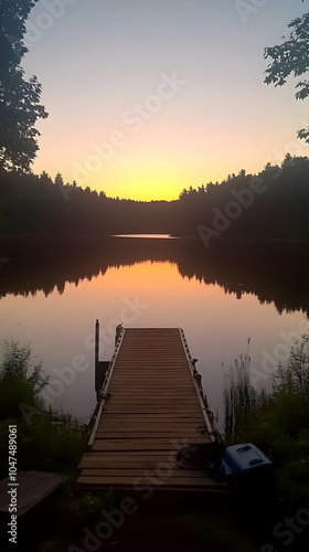 Wooden dock extends into a calm lake with a vibrant sunrise in the background.