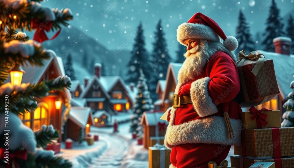 Santa claus delivering gifts in a winter wonderland Santa claus delivering gifts in a winter wonderland