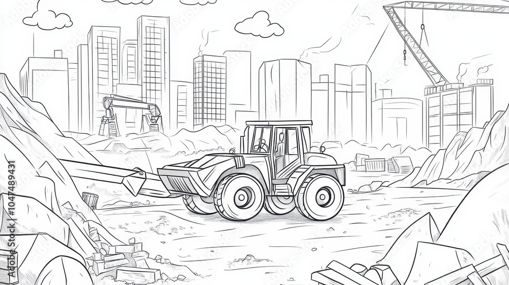 Fototapeta premium Construction site activity with a tractor working among piles of debris in a bustling cityscape on a sunny day