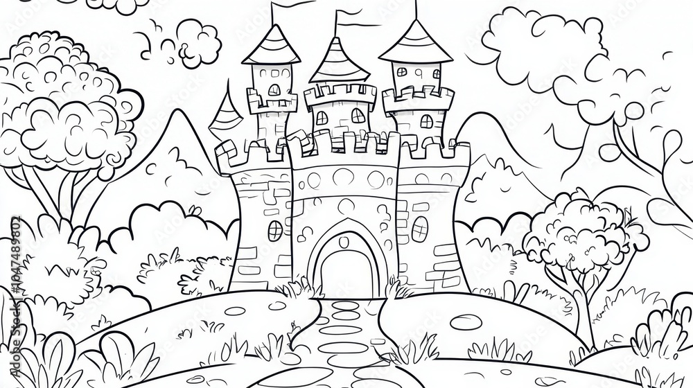 A whimsical fairy tale castle surrounded by lush greenery and rolling hills under a bright, sunny sky in a magical land A whimsical fairy tale castle surrounded by lush greenery and rolling hills under a bright, sunny sky in a magical land