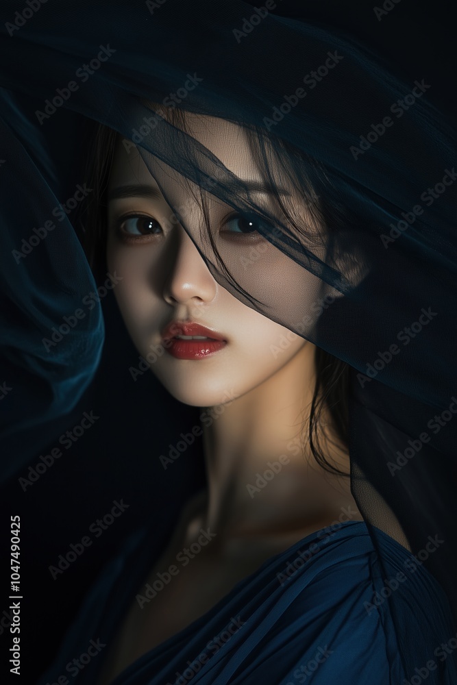 A woman with a veil over her face is wearing a blue dress A woman with a veil over her face is wearing a blue dress