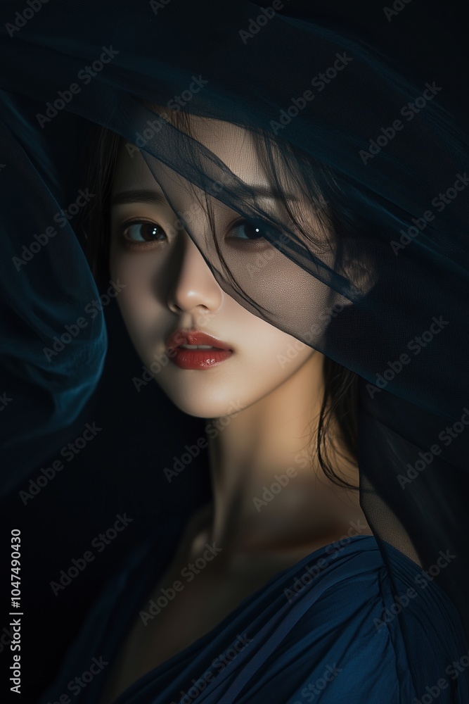 A woman with a veil over her face is wearing a blue dress A woman with a veil over her face is wearing a blue dress