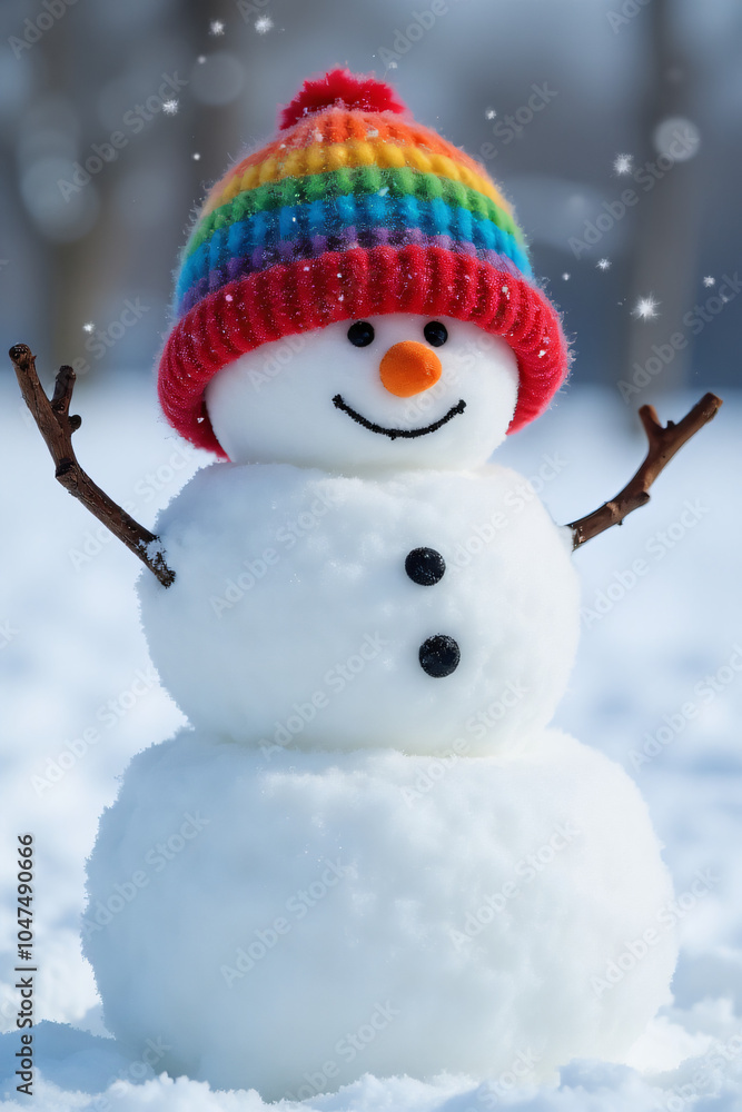 Obraz premium snowman wears colorful hat winter weather conditions outdoors