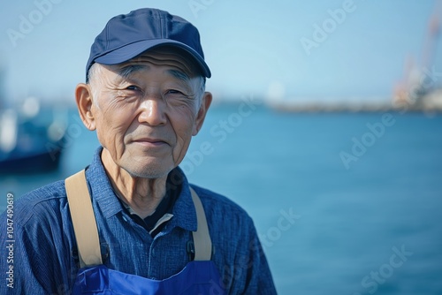 A man in a blue shirt and hat stands in front of the ocean
