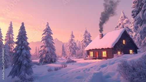 Cozy Cabin in Winter Wonderland: A picturesque scene of a charming wooden cabin nestled amidst snow-covered evergreens, bathed in the warm glow of a setting sun.