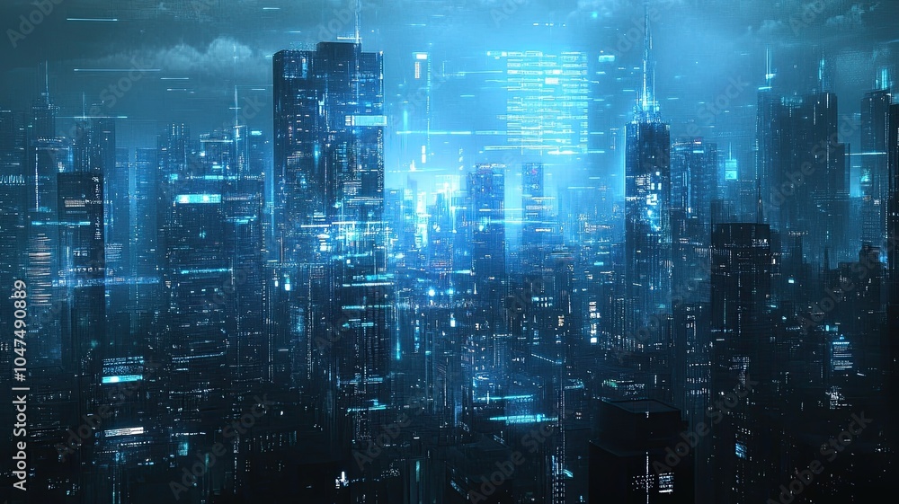 Cyberpunk Cityscape: A mesmerizing digital metropolis bathed in neon blue light, where towering skyscrapers pierce the clouds and intricate networks of glowing lines illuminate the urban landscape. Cyberpunk Cityscape: A mesmerizing digital metropolis bathed in neon blue light, where towering skyscrapers pierce the clouds and intricate networks of glowing lines illuminate the urban landscape.