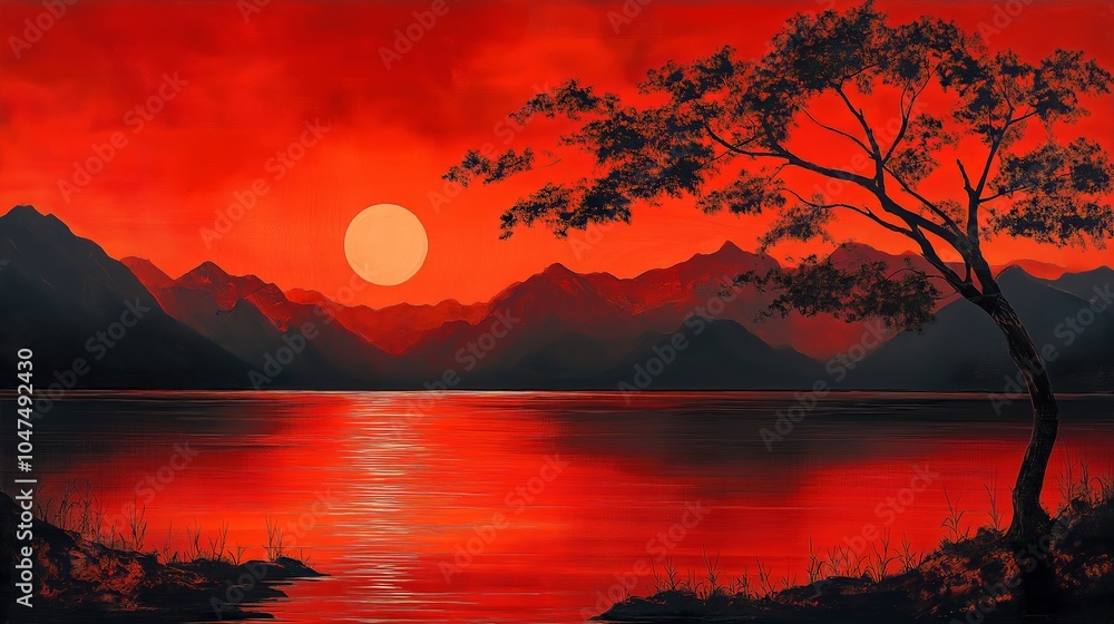 Obraz premium Red sunset over a lake and mountains, with a tree in the foreground