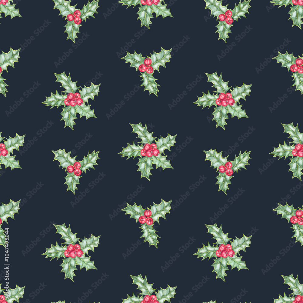 Holly with lush green leaves and bright red berries in a seamless watercolor pattern on dark blue background. Ilex clipart for holiday textiles, or festive gift wrap designs for unique products Holly with lush green leaves and bright red berries in a seamless watercolor pattern on dark blue background. Ilex clipart for holiday textiles, or festive gift wrap designs for unique products