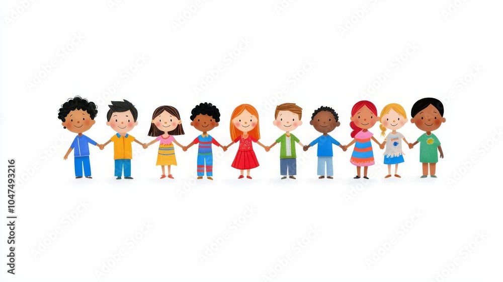 A diverse group of children holding hands, representing unity, friendship, and cultural diversity in a colorful illustration. A diverse group of children holding hands, representing unity, friendship, and cultural diversity in a colorful illustration.