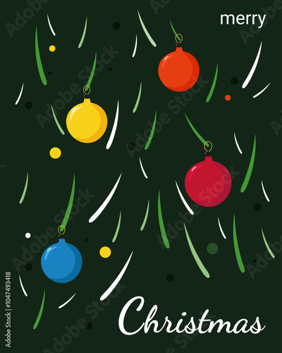 Merry Christmas card. Christmas tree balls multicolored on dark green background with spruce spruce trees. 