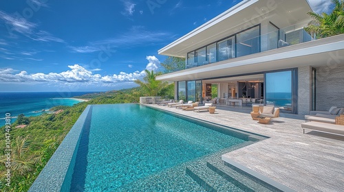 Modern luxury villa with infinity pool overlooking the ocean.