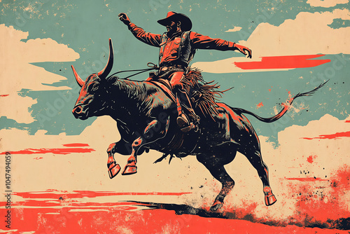 retro style artwork of a cowboy riding a bucking bull in bold colors capturing the energy and movement of a rodeo scene
