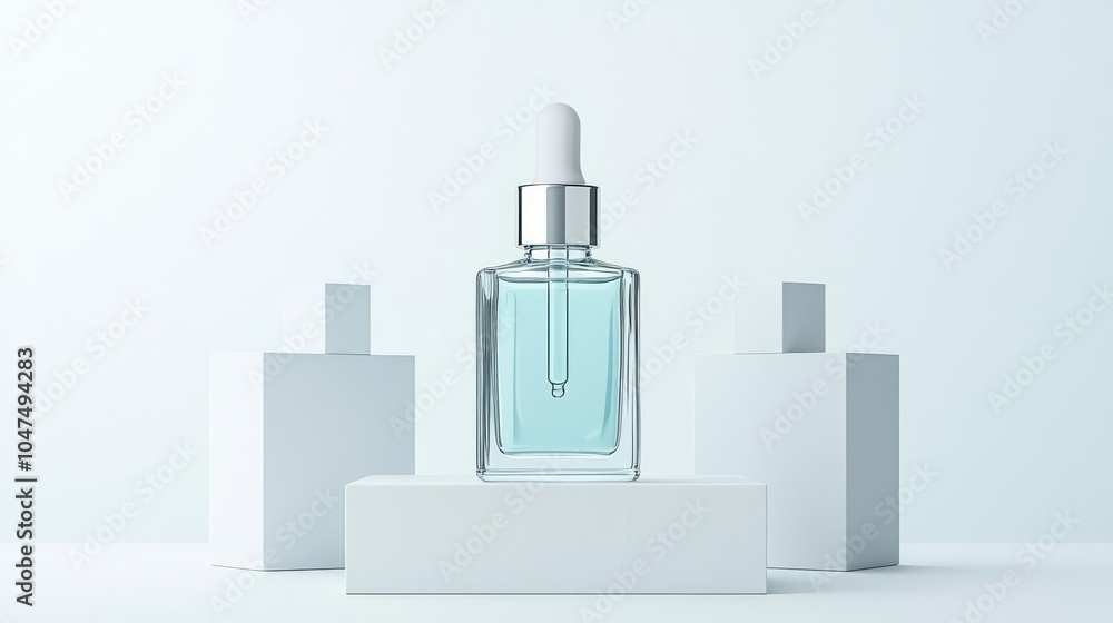 Stylish glass serum bottle with dropper on minimalistic white display, perfect for skincare and beauty product presentations. Stylish glass serum bottle with dropper on minimalistic white display, perfect for skincare and beauty product presentations.