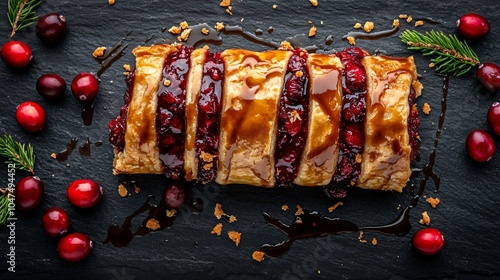 Cranberry and apple strudel with a cinnamon glaze, isolated on a black slate surface, surrounded by fresh cranberries and a drizzle of caramel sauce photo