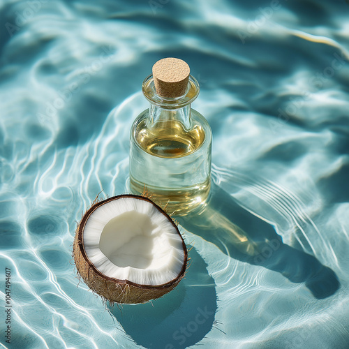 A bottle of coconut oil extract attached to a coconut