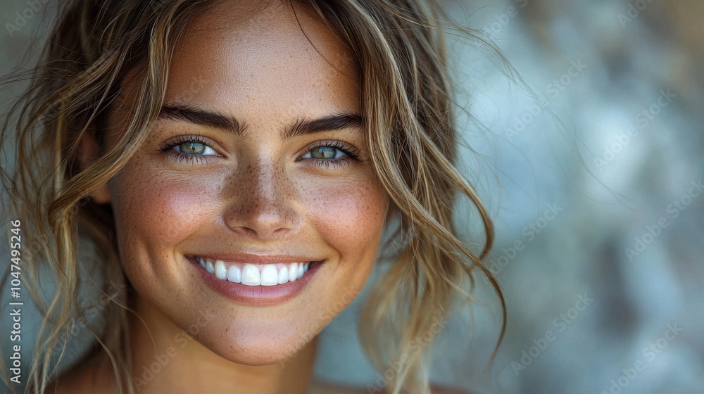 A joyful young woman with sun-kissed skin and bright blue eyes smiles warmly against a natural backdrop in bright sunlight A joyful young woman with sun-kissed skin and bright blue eyes smiles warmly against a natural backdrop in bright sunlight
