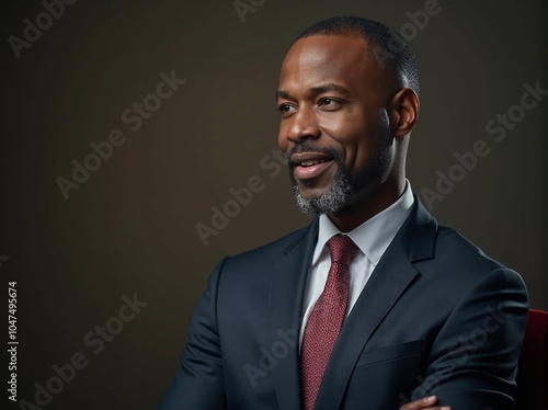 A confident African American man in a suit poses thoughtfully against a dark background during an indoor portrait session photo