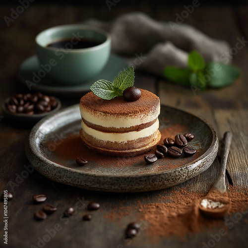 Layered tiramisu dessert decorated with mint leaves and served with coffee on a rustic plate photo